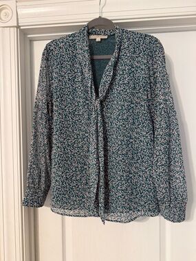 LOFT Teal Floral Tie-Neck Blouse